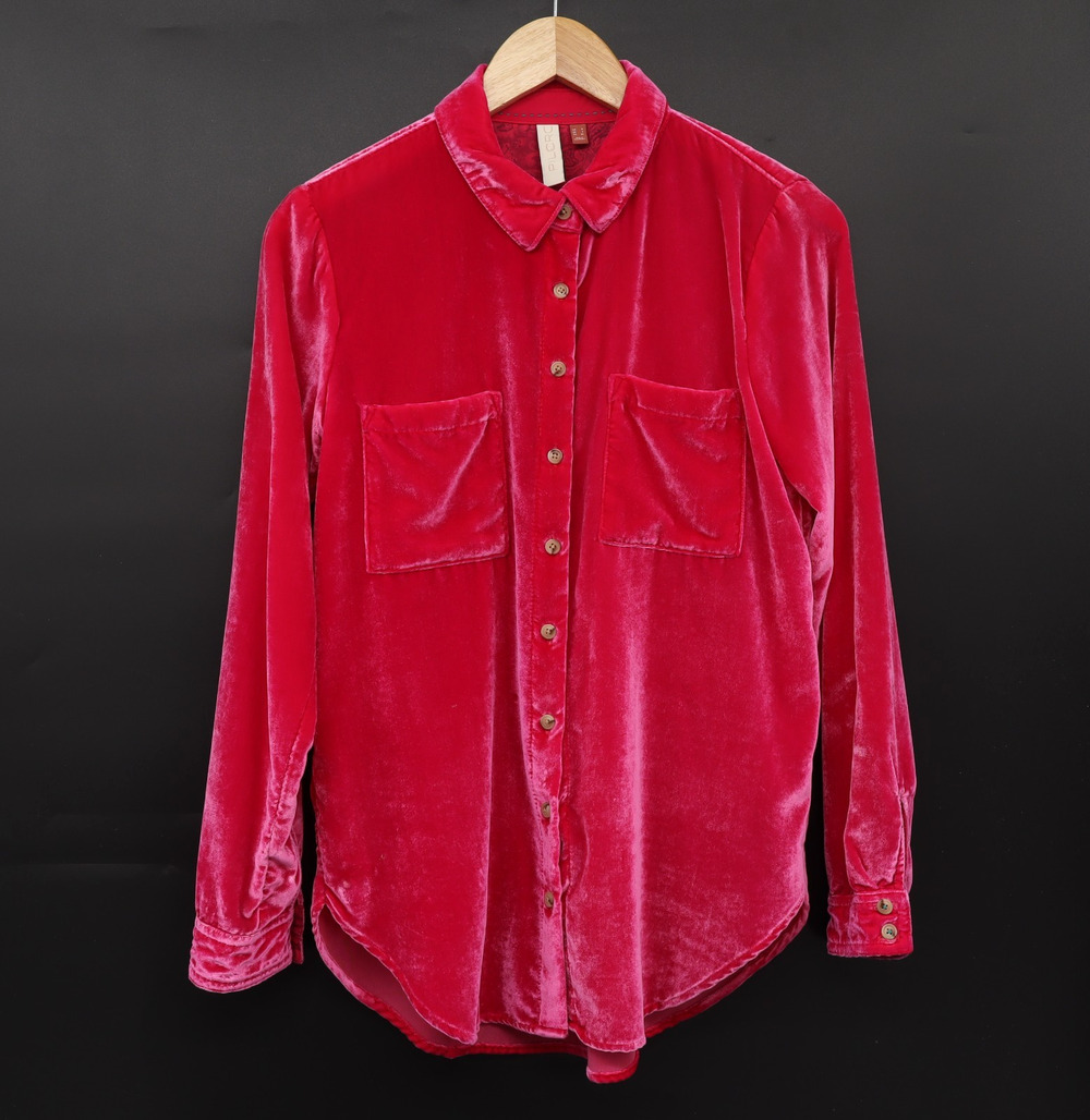 Anthropologie Pilcro Sz 4 Boho Velvet Magenta Shirt Collared Festive Holiday Top